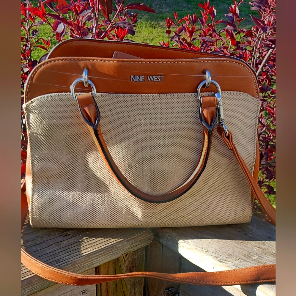 Nine West Lillie Canvas Block Dome Satchel Brown/Ivory